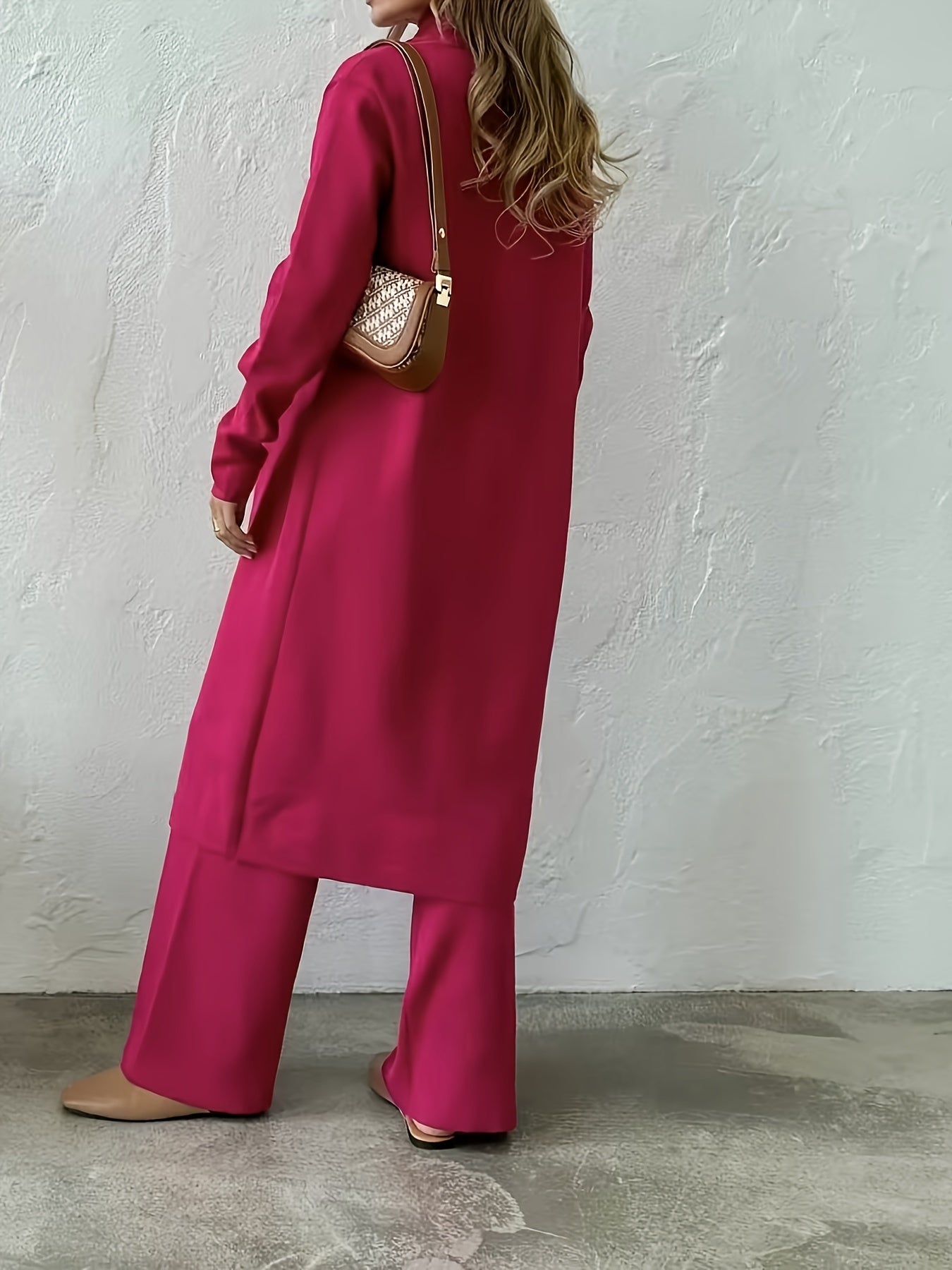 Elegant Polyester Blend Pantsuit Set for Women - Casual Style Long Sleeve with Cardigan Collar and Solid Color Knit Top, Open Front Long Cardigan, and Wide-Leg Trousers - Fall/Winter Collection Three-Piece Outfit