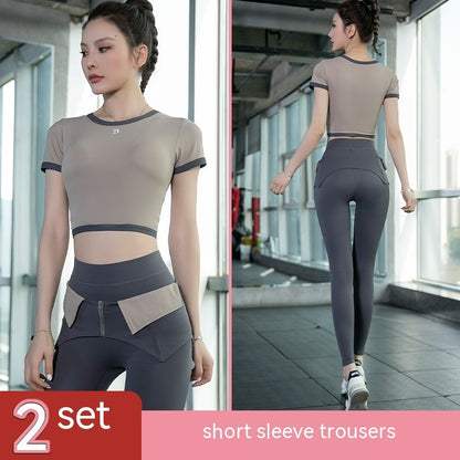 Yoga Suit Women's Short Sleeve Detachable Belt Quick-drying Workout Clothes