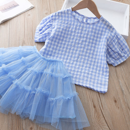 Cute Two-piece Plaid Short-sleeved Mesh Princess Dress