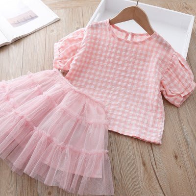 Cute Two-piece Plaid Short-sleeved Mesh Princess Dress