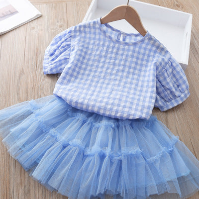 Cute Two-piece Plaid Short-sleeved Mesh Princess Dress