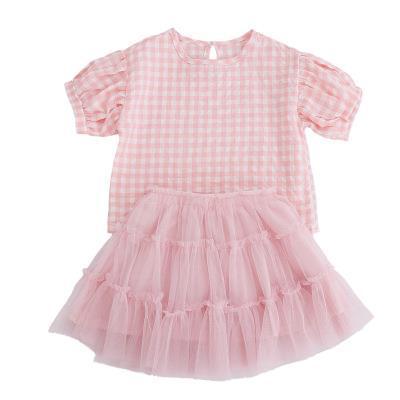 Cute Two-piece Plaid Short-sleeved Mesh Princess Dress