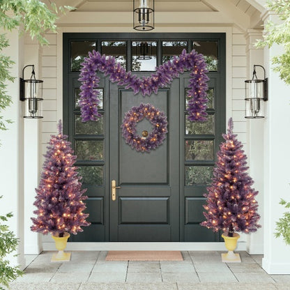 Pre-Installed Christmas Artificial Tree 4-Piece Set, Garland, Garland & 2 Entrance Trees Set, Christmas With LED Lights, PVC Festive Celebration Set, Purple