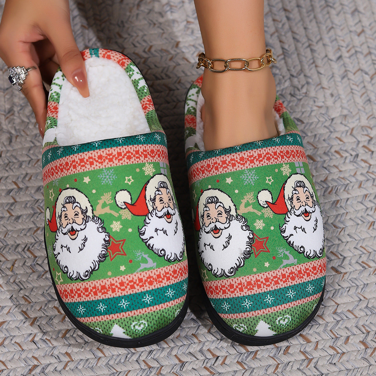 Christmas Snowman Elk Santa Claus Print Slippers Winter Warm Plush Slippers Indoor Non-slip Floor Bedroom Shoes