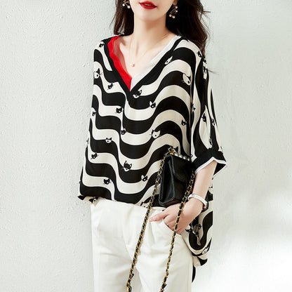 Striped Half Sleeve New Chiffon Shirt Women