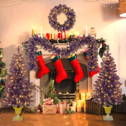 Pre-Installed Christmas Artificial Tree 4-Piece Set, Garland, Garland & 2 Entrance Trees Set, Christmas With LED Lights, PVC Festive Celebration Set, Purple