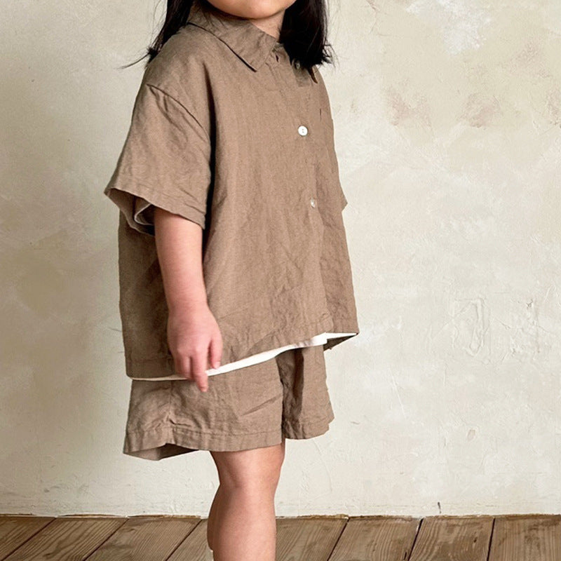 Boys And Girls Lapel Short Sleeve Top Shorts Casual Two-piece Suit