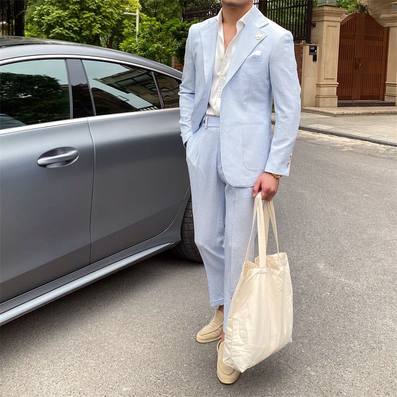 Thin Seersucker Suit For Men In Blue Stripes