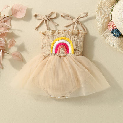 Girls' Rainbow Towel Embroidery Sling Princess Dress