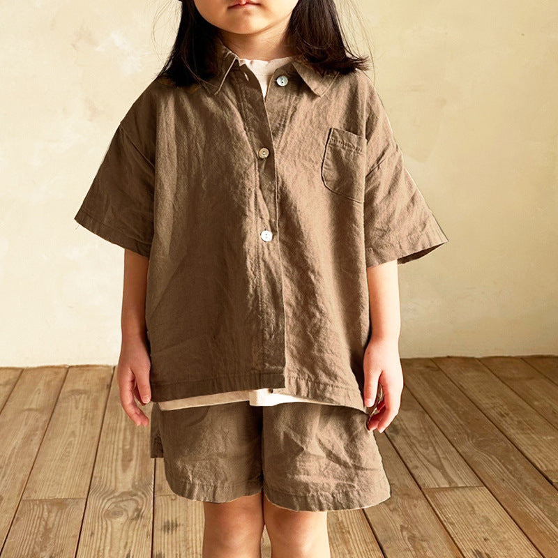 Boys And Girls Lapel Short Sleeve Top Shorts Casual Two-piece Suit