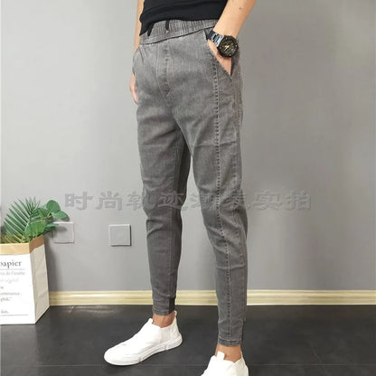 Summer 2021 solid color slim-fit men's jeans youth fashion pants feet all-match denim jeans trendy teenagers pencil trousers