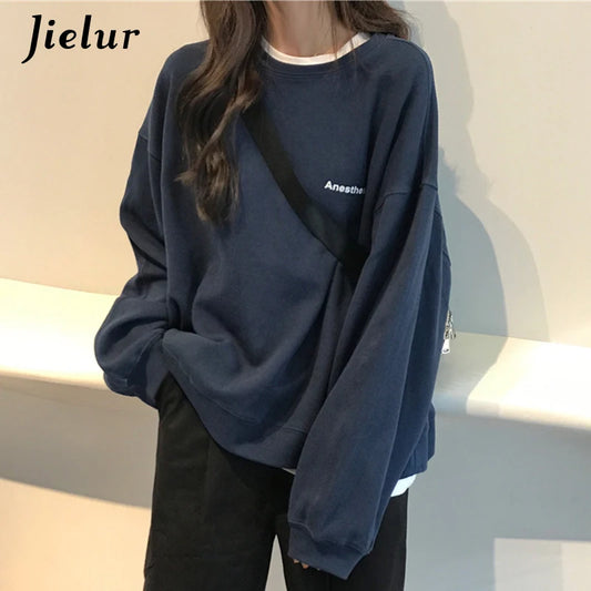 Jielur New Kpop Letter Hoody Fashion Korean Thin Chic Women's Sweatshirts Cool Navy Blue Gray Hoodies for Women M-XXL