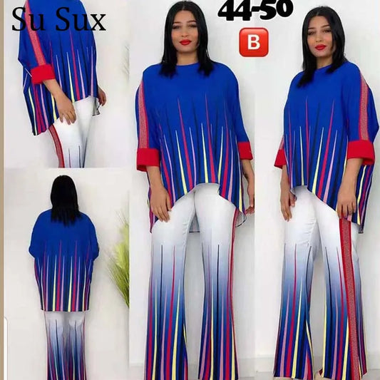 Striped Wide Leg Pant Suits Tracksuit Women Sequins Two Piece Set Casual Loose O Neck Top Outfits Sportwear African Clothes