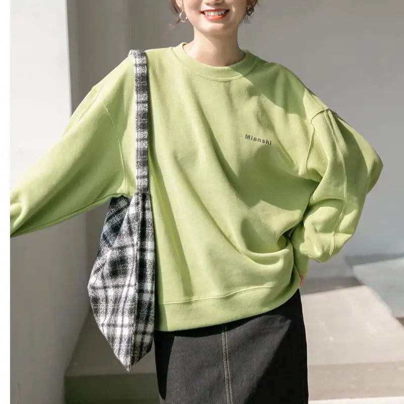 Streetwear Women Clothes Letter Harajuku Tender Green Hoodie Female Spring  Autumn Loose Cotton Long Sleeve O Neck Sweatshirt