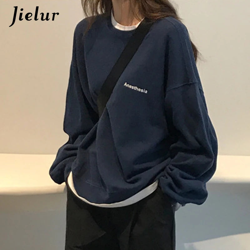 Jielur New Kpop Letter Hoody Fashion Korean Thin Chic Women's Sweatshirts Cool Navy Blue Gray Hoodies for Women M-XXL