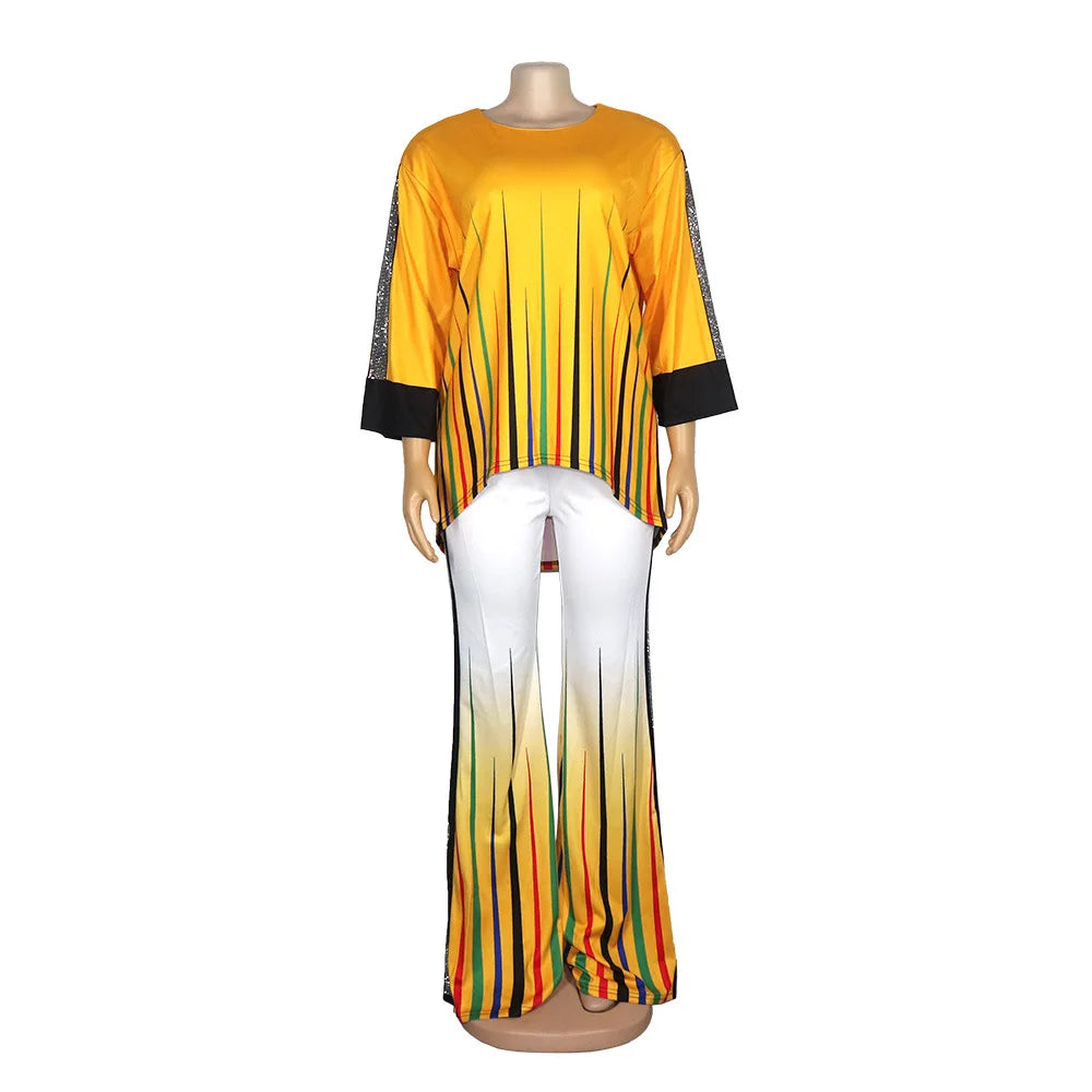 Striped Wide Leg Pant Suits Tracksuit Women Sequins Two Piece Set Casual Loose O Neck Top Outfits Sportwear African Clothes