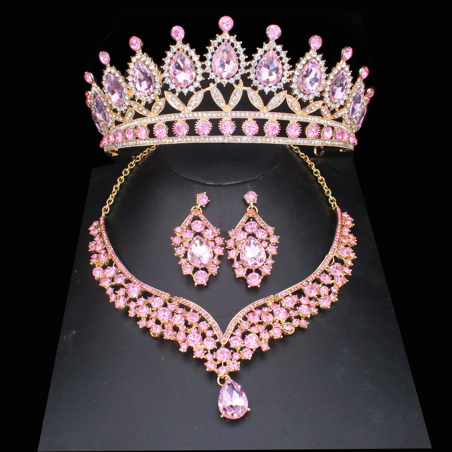 Pink Crystal Bridal Jewelry Sets For Women Girl Princess Tiara/Crown Earring Necklace Wedding Pageant Prom Jewelry Accessories