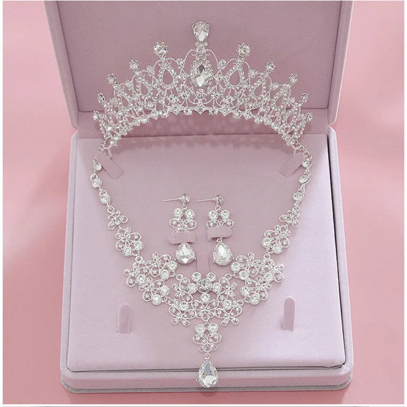 Pink Crystal Bridal Jewelry Sets For Women Girl Princess Tiara/Crown Earring Necklace Wedding Pageant Prom Jewelry Accessories