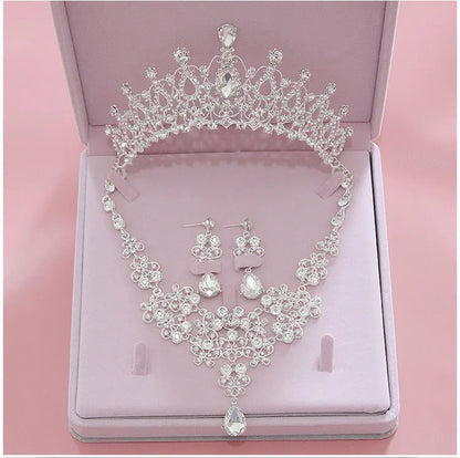 Pink Crystal Bridal Jewelry Sets For Women Girl Princess Tiara/Crown Earring Necklace Wedding Pageant Prom Jewelry Accessories