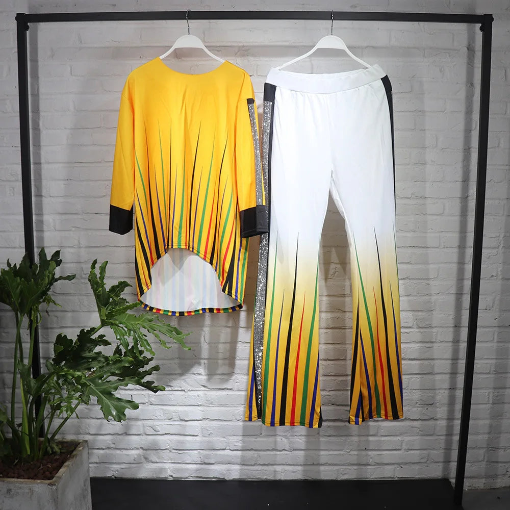 Striped Wide Leg Pant Suits Tracksuit Women Sequins Two Piece Set Casual Loose O Neck Top Outfits Sportwear African Clothes