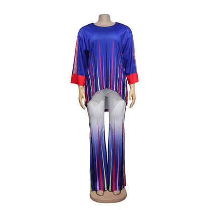 Striped Wide Leg Pant Suits Tracksuit Women Sequins Two Piece Set Casual Loose O Neck Top Outfits Sportwear African Clothes