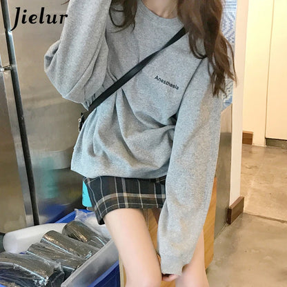 Jielur New Kpop Letter Hoody Fashion Korean Thin Chic Women's Sweatshirts Cool Navy Blue Gray Hoodies for Women M-XXL