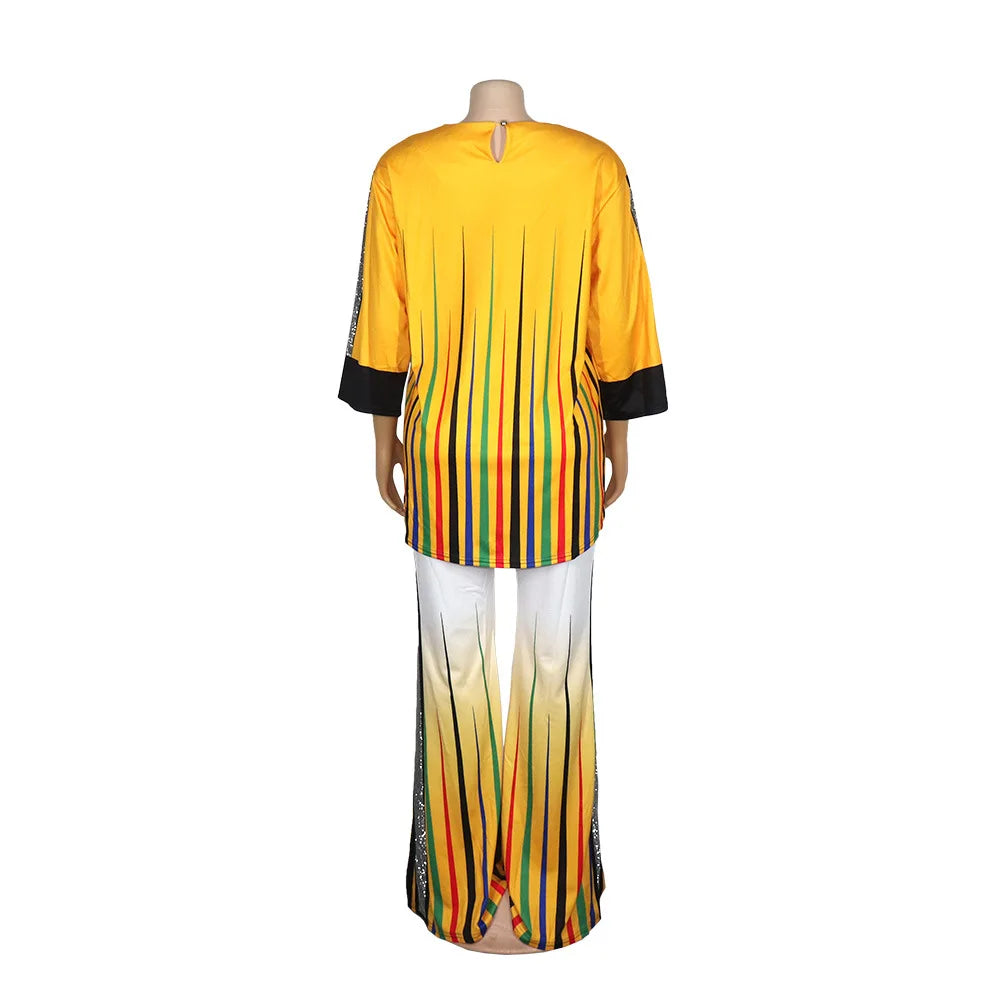 Striped Wide Leg Pant Suits Tracksuit Women Sequins Two Piece Set Casual Loose O Neck Top Outfits Sportwear African Clothes