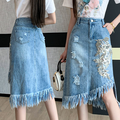 Ripped Flower Asymmetric Skirt Mid-length