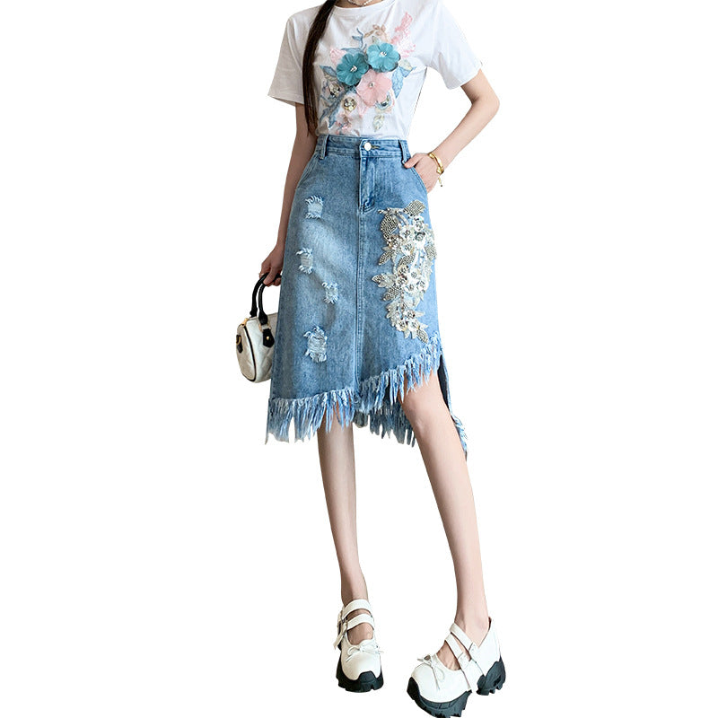 Ripped Flower Asymmetric Skirt Mid-length