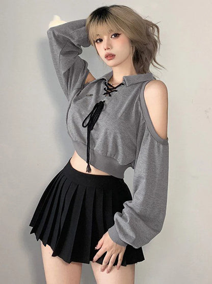 Zoki Sexy Cropped Women Y2K Sweatshirt Streetwear Off Shoulder Gothic Tops Autumn Korean Long Sleeve Harajuku Grey Pullovers New