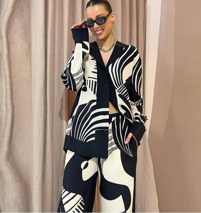 2023 Autumn Print Clothes For Women 2 Piece Set Casual Turn Down Collar Blouse Shirt and Wide Leg Pant Suits Outfits Femme