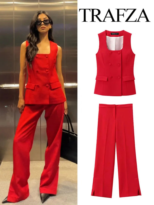 TRAFZA Women's Set Square Neck Sleeveless Pockets Double Breasted Waistcoat+Mid-Waist Slit Zipper Long Pants Female Fashion Suit