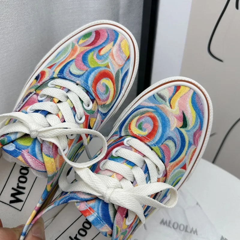 2024 Summer Women Rainbow Canvas Shoes Girls Blue Checkered Canvas Sneakers Lace Up Students School Basic Casual Shoes 35-40