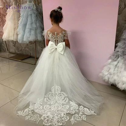 MisShow Flower Girl Dresses With Bow Lace Tulle Birthday Princess Ball Gown Sleeveless Kids First Communion Gowns for Wedding