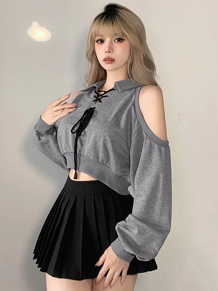 Zoki Sexy Cropped Women Y2K Sweatshirt Streetwear Off Shoulder Gothic Tops Autumn Korean Long Sleeve Harajuku Grey Pullovers New