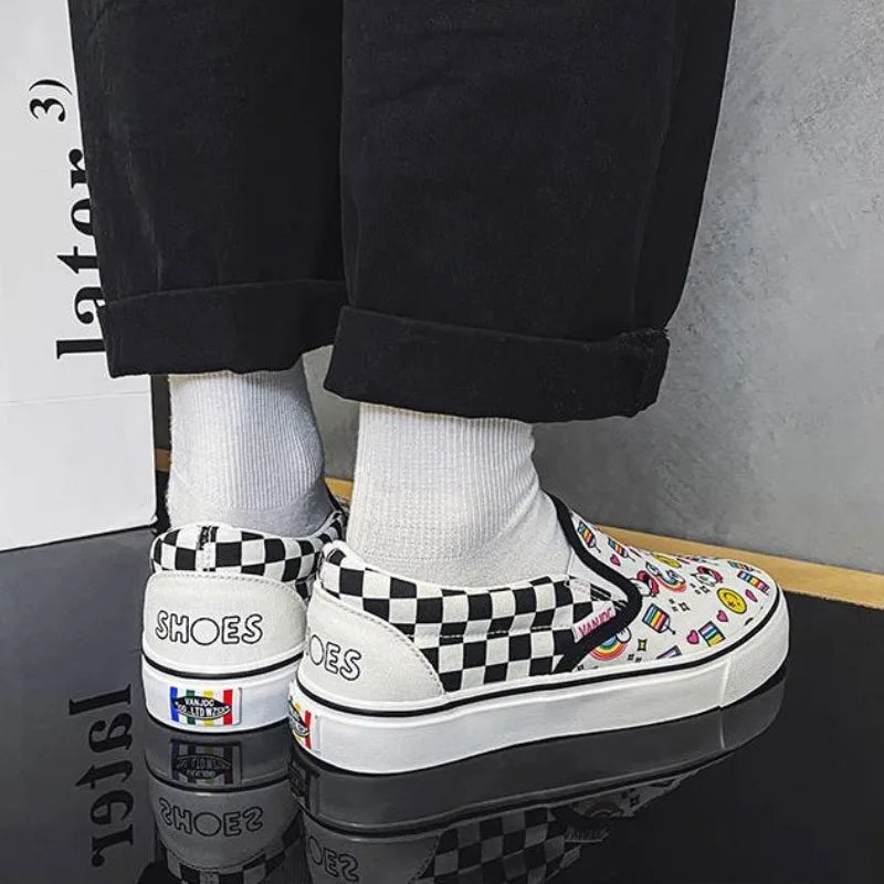 Womens Canvas Shoes Multicolor Checkerboard Design Female Slip-On Shoes Girls Flats 2023 New Fashion Sneakers Plus Size 35-44