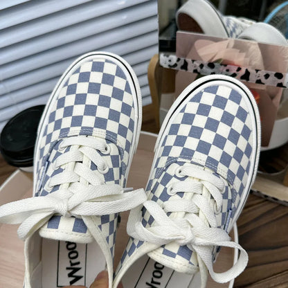 2024 Summer Women Rainbow Canvas Shoes Girls Blue Checkered Canvas Sneakers Lace Up Students School Basic Casual Shoes 35-40