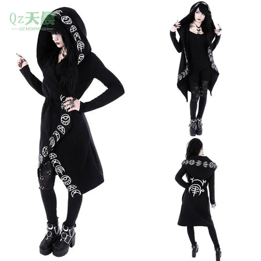 Women's Fashion Gothic Punk Moon Print Hoodie Girls Ladies Jacket Coat Cardigans Halloween Gothic Punk Black Costume S-5XL