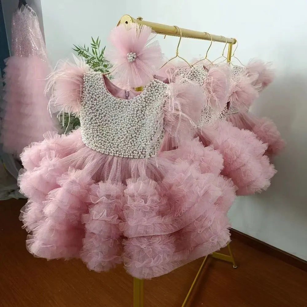 Pink Layered Tulle Flower Girl Dress For Wedding Puffy With Pearls Baby Kids Birthday Party Ball First Communion Gowns