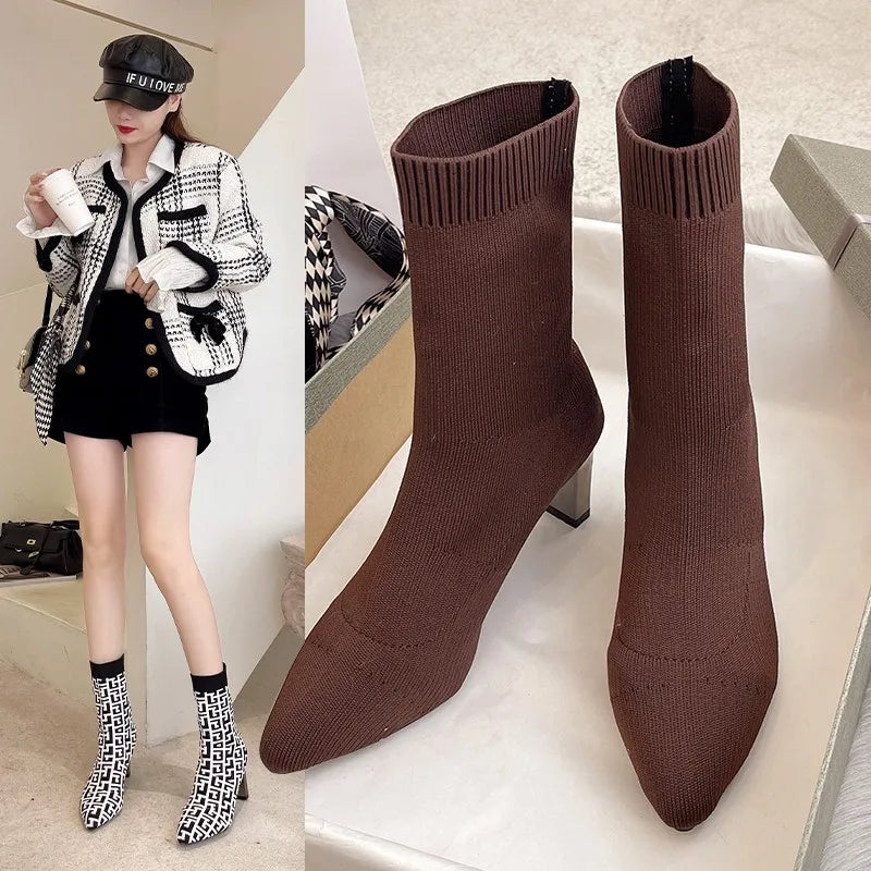 2022 New Winter Women's Shoes Knitted Mid-calf Socks Boots Pointed Toe Stiletto Elastic Designer Women's Boots 35-40