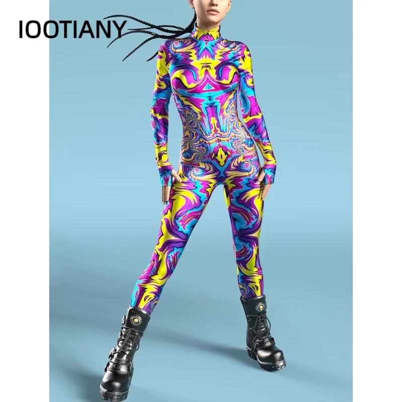 Multicolour Skeleton Printed Costume Woman Front Zipper Zentai Bodysuit Halloween Party Jumpsuits Carnival Holiday Show Outfit