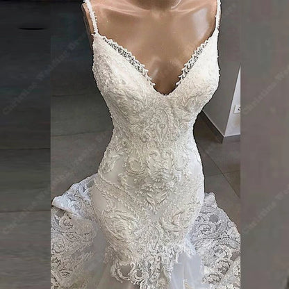 Summer Mermaid Sexy V-Neck Wedding Dresses For Women Lace Print Backless Bridal Gowns Elegant Mopping Length Vestidos de Novias