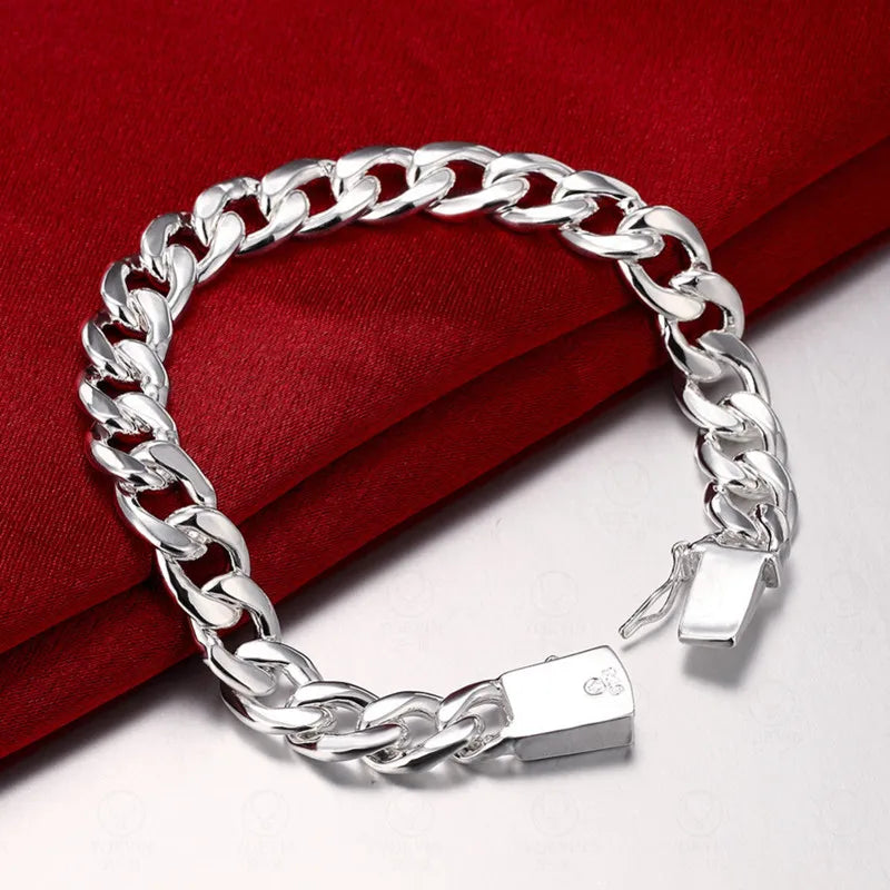 925 Sterling Silver 10MM Square Buckle Nice Jewelry Men Bracelet 21CM Sideway Link Chain Bracelet Male Bangle