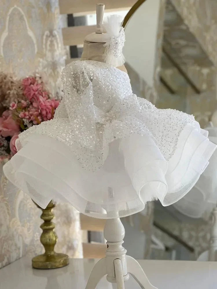 Luxury Child Girl Wedding Dress White Beadings Party Dresses Beads Tiered Tulle Sleeves Puffy Flower Girl Dresses For Weddings