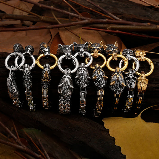 Nordic Viking Celtic Wolf Head Dragon Head Bird Head Ghost Head Men's Stainless Steel Bracelet Non-fading Jewelry Wholesale