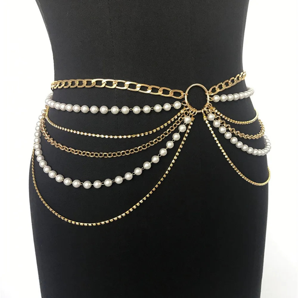 2023 New Fashion Multi-layer Metal Chain Waist Chain Female Imitation Pearl Body Chain 8289