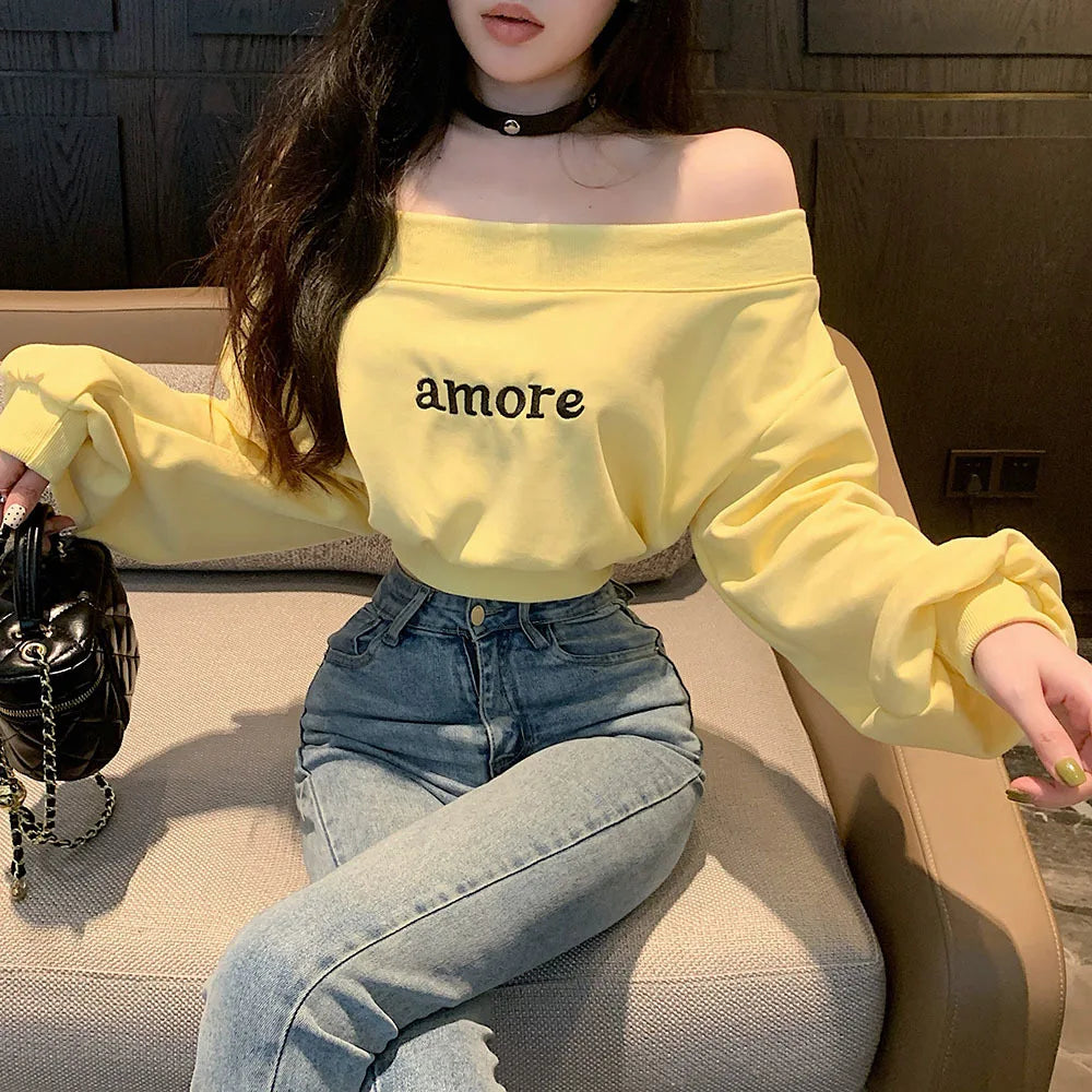 Sexy Off Shoulder Sweatshirt For Girls Spring Summer Solid Elastic Crop Tops Women's Korean Slim Gyaru Female Short Pullovers