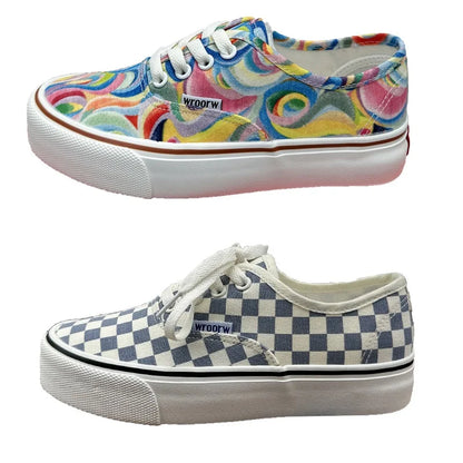 2024 Summer Women Rainbow Canvas Shoes Girls Blue Checkered Canvas Sneakers Lace Up Students School Basic Casual Shoes 35-40