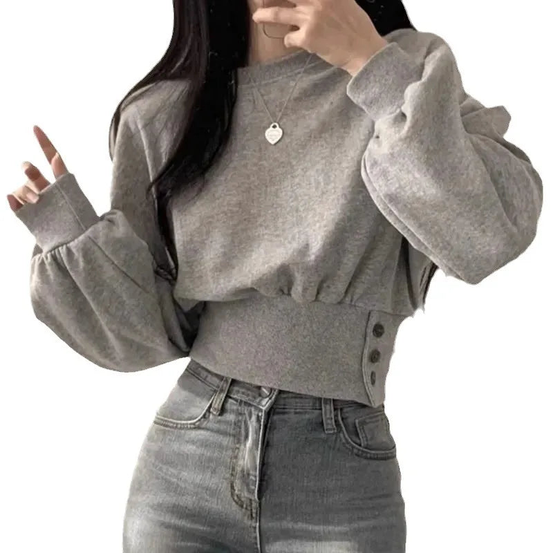 Korean Spring Chic Solid Hoodies Women Casual O-neck Long Sleeve Pullover Y2k Tops 2024 New Slim Fit Button Simple Ropa Mujer