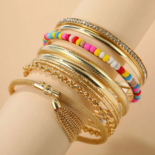 9 Pieces Metal Bangles Set For Women Heavy Punk New Style Bohemia Multi Colors Glass Beads Textured Fashion Jewelry Gift 2023426